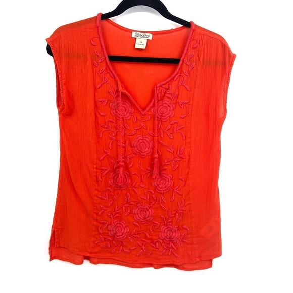LUCKY BRAND Orange Embroidered Tassle Sleeveless Boho Blouse Top Size XS - Picture 1 of 5